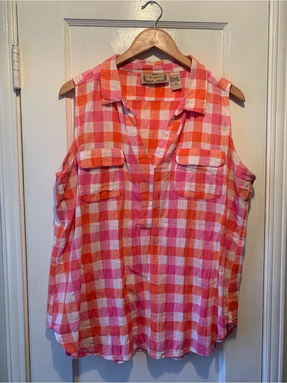 Life Style Pink and Orange Gingham Checked Plaid Sleeveless V Neck Top - Size XL